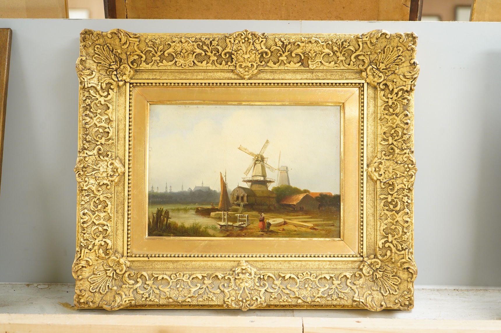 20th century, Dutch school, Beach scene, windmill and riverscape, set of three oils on board, ornate gilt framed, 16 x 22cm